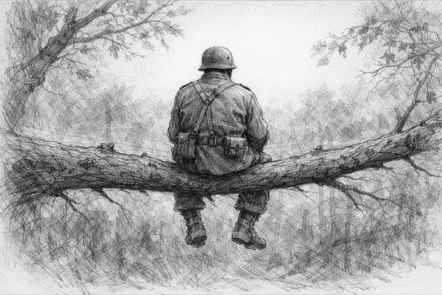 El abuelo solo en el árbol durante la guerra