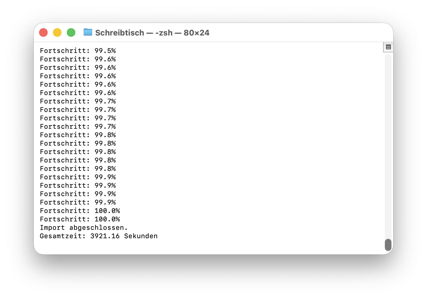 Terminal nach erfolgreichem Import der ChatGPT-Daten