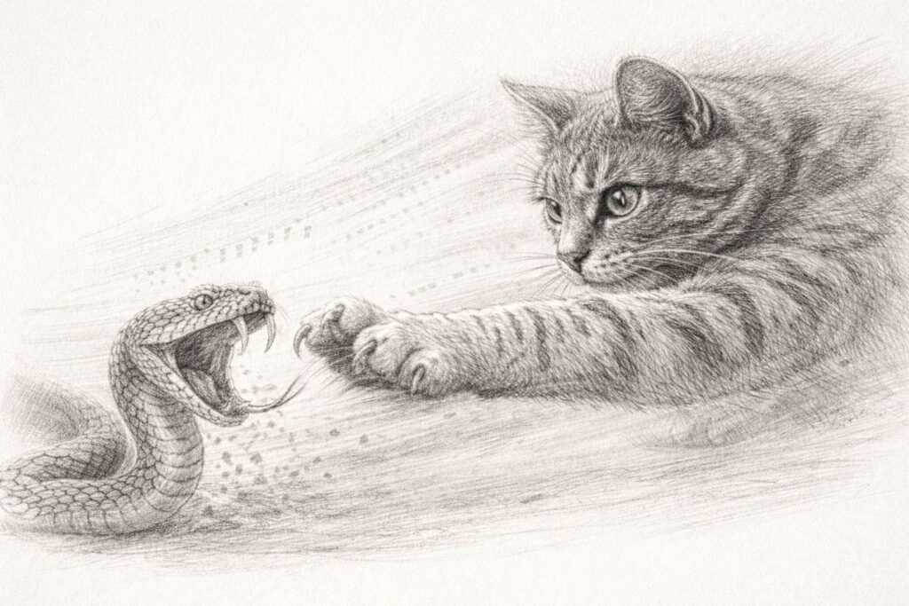 Katze und Schlage im Kampf