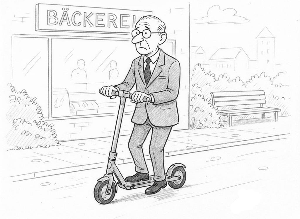 O Sr. von L'oreot chega à padaria na sua e-scooter