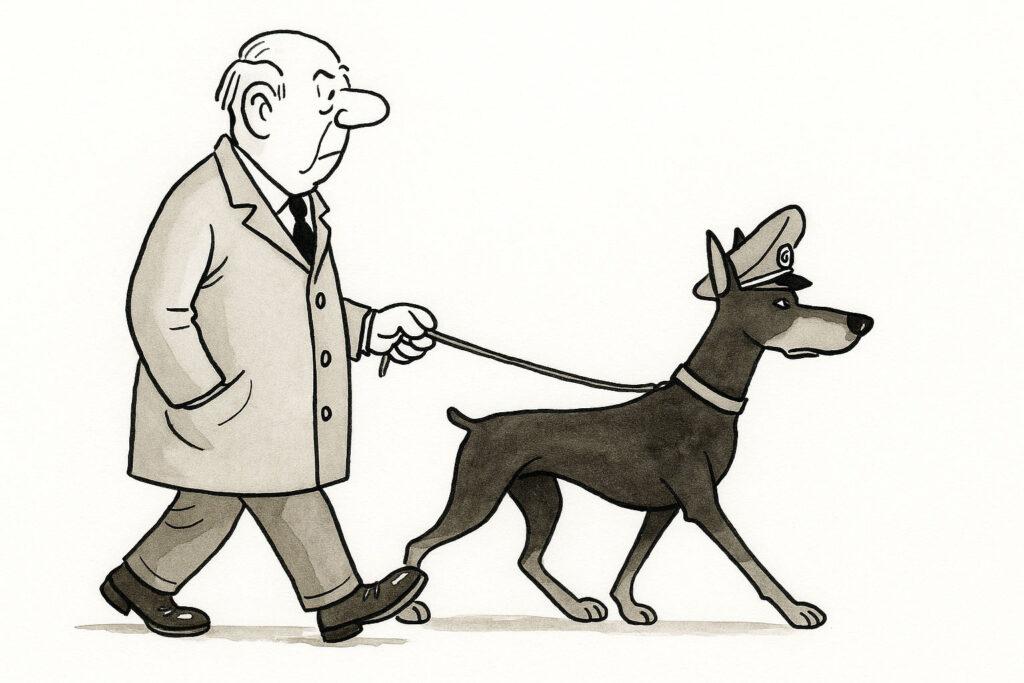 Il signor Dobermann con cane e berretto da campo