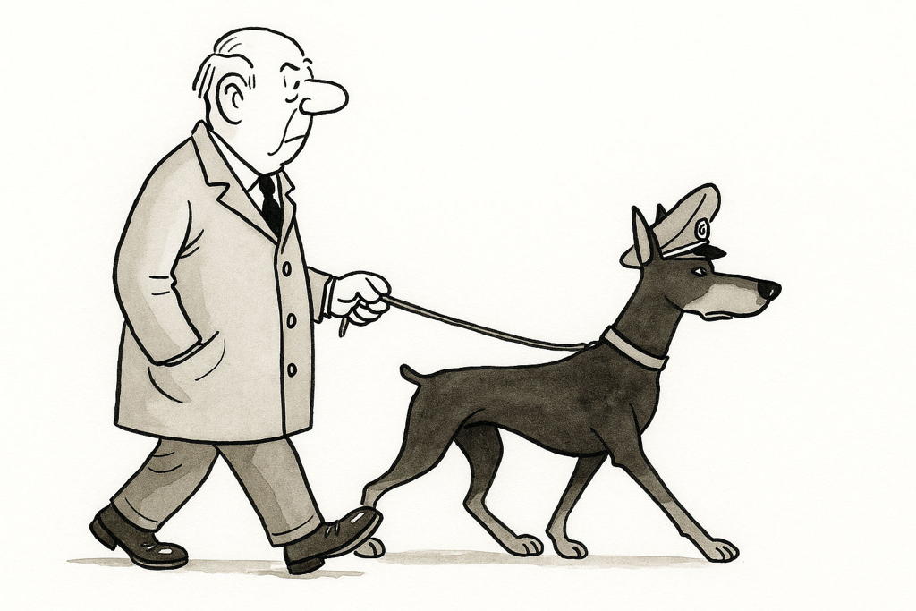 Pan Dobermann se psem a polní čepicí